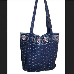 Navy Floral Pink Ribbon Quilted Cotton Washable Tote